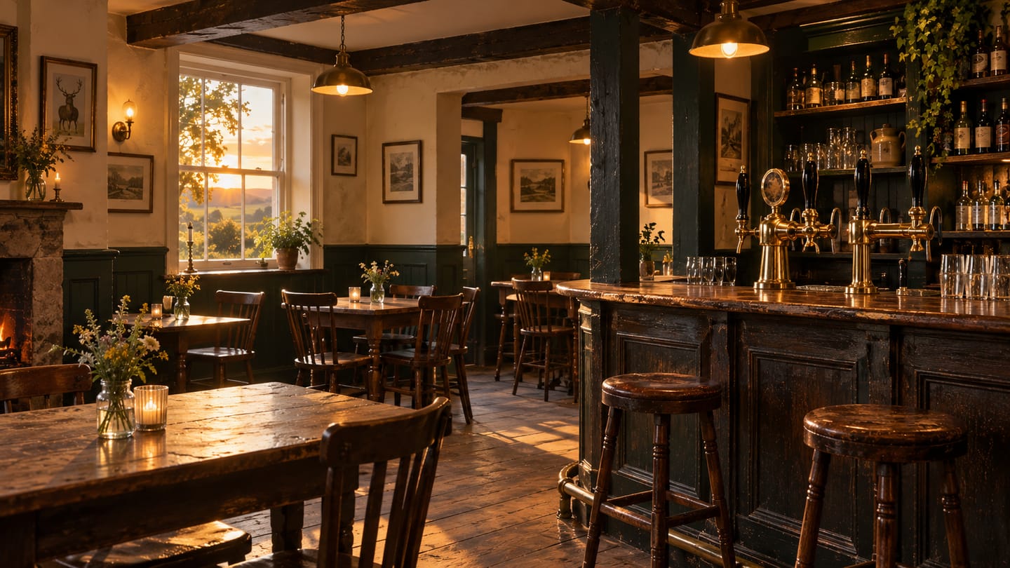 The traditional bar, with worn wood and warm lamplight