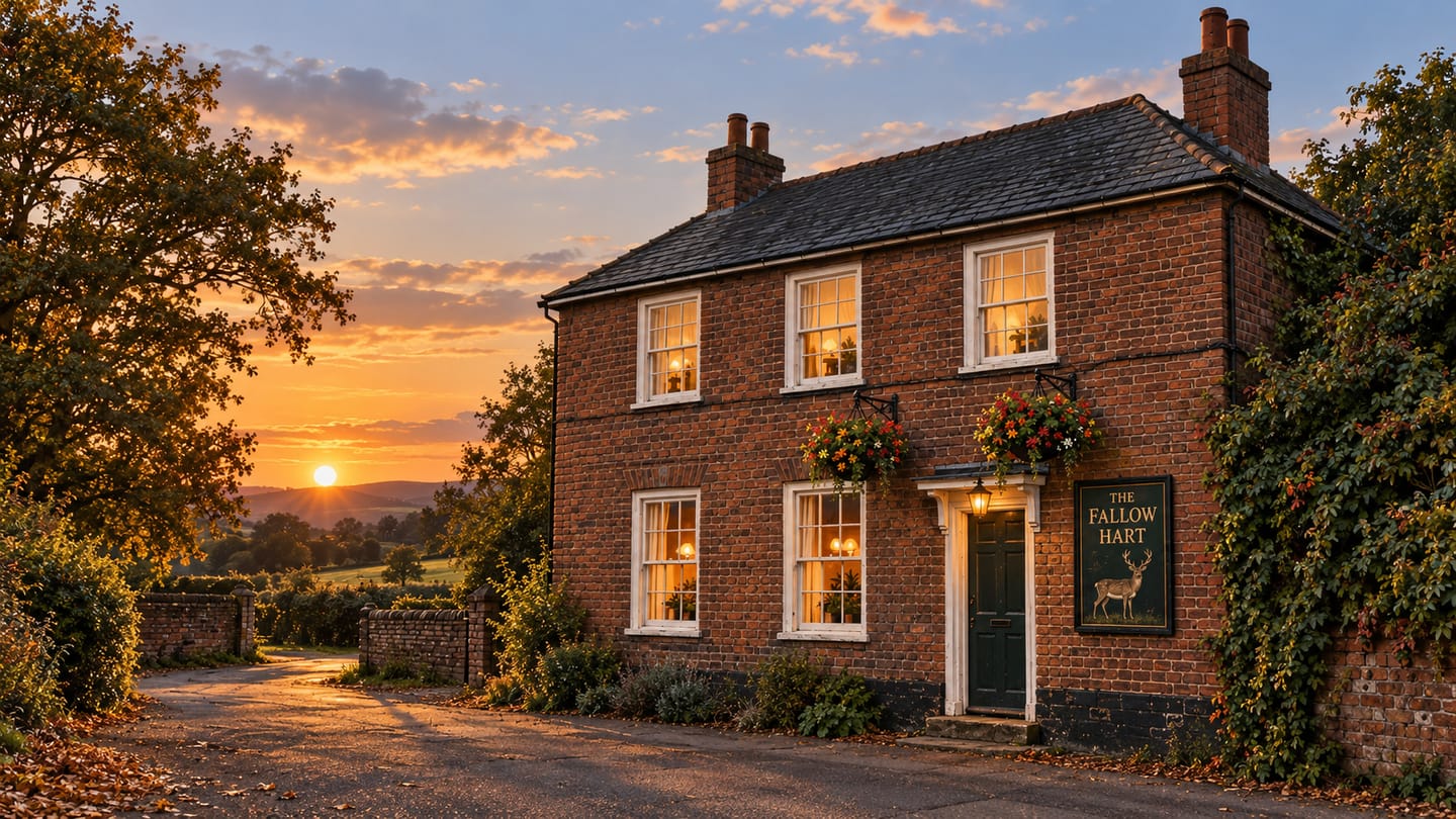 The Fallow Hart at dusk: old red brick, white sash windows and a warm welcome