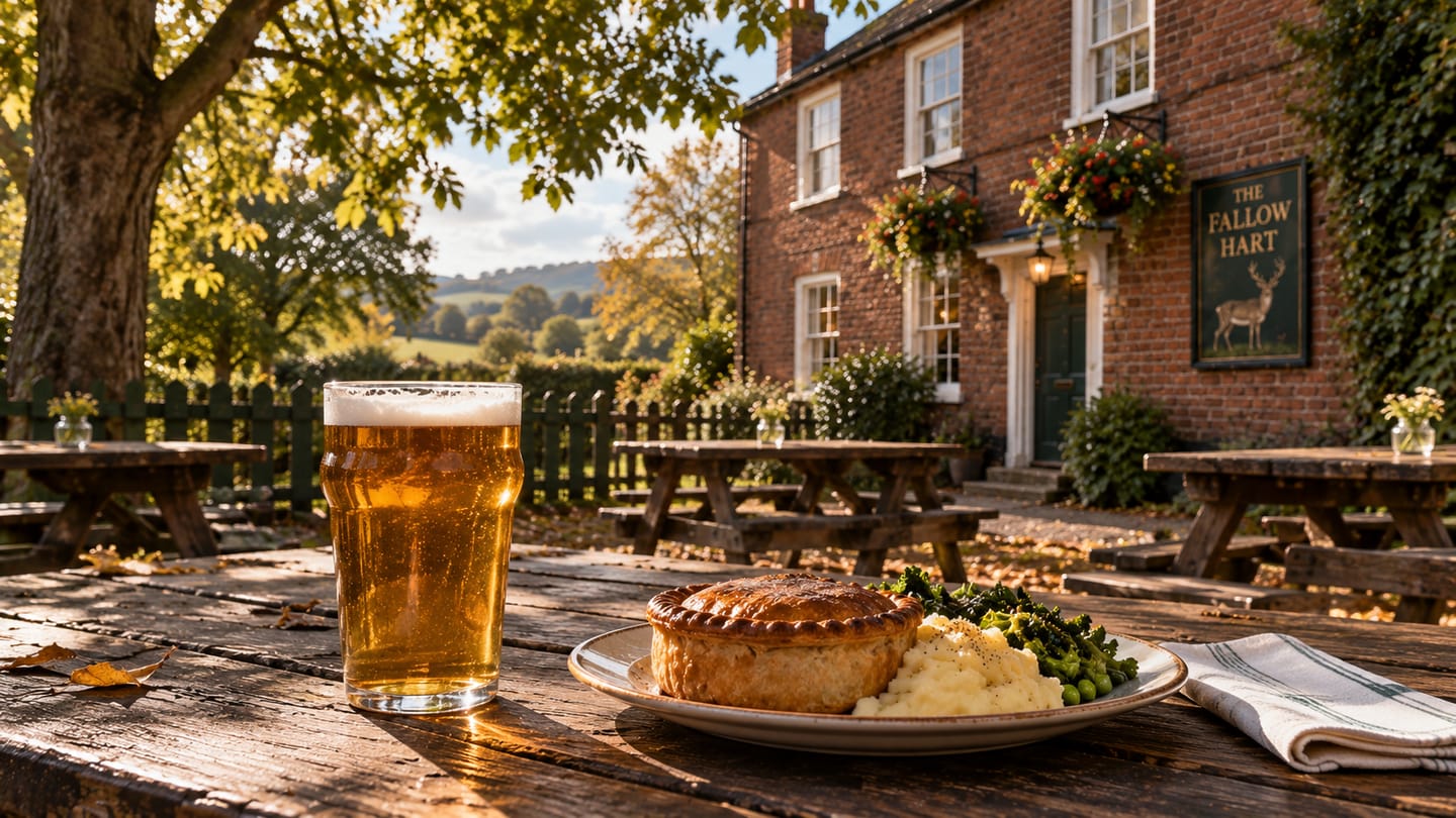 A wooden table in the shade of the pub garden