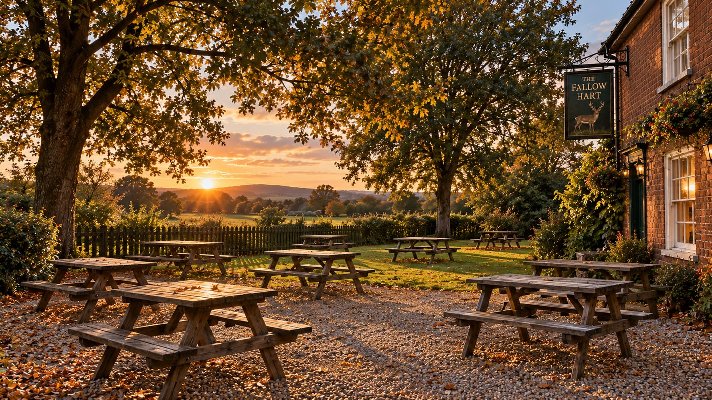 The Fallow Hart garden: picnic tables, mature trees and fields beyond