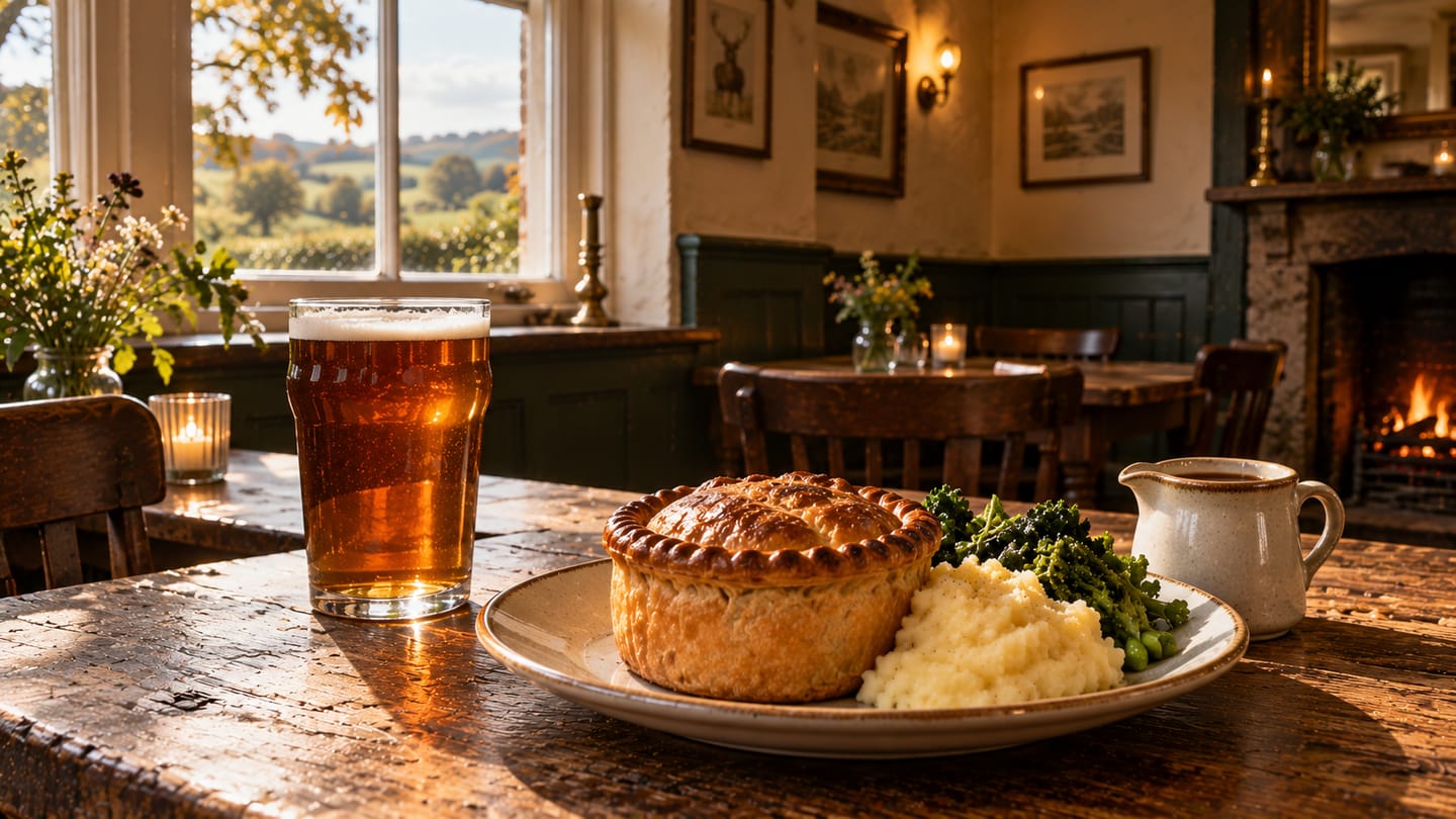 A golden pub pie with mash, greens and gravy