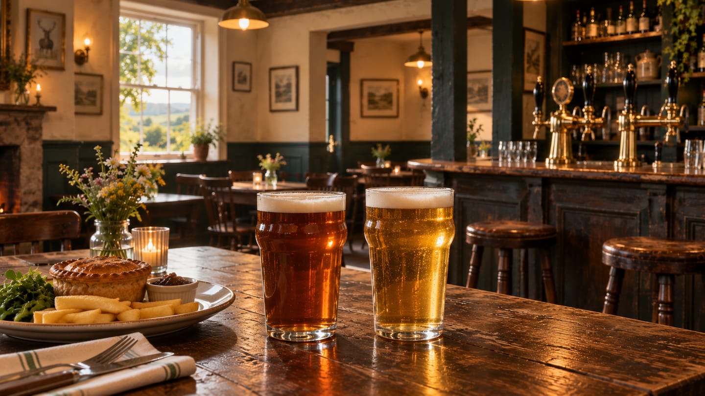 Proper imperial pints of beer on the wooden bar