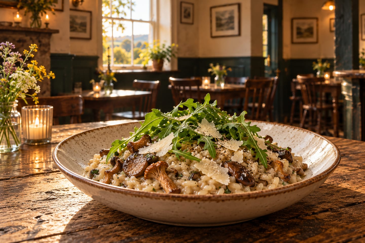 Imagined serving of Wild mushroom risotto